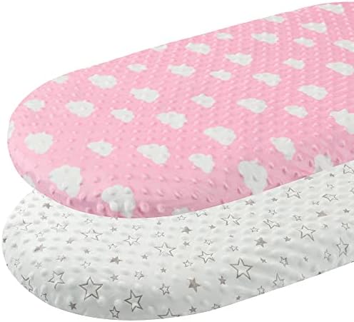 Minky Bassinet Sheet Set 2 Pack Stretch Fitted Cradle Sheets,Ultra Soft Thick Universal Fit Oval Rectangle Hourglass Pad/Mattress, for Baby Girls and Boys Stars Pink Clouds