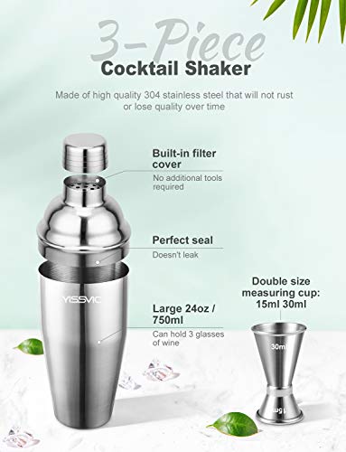 YISSVIC Bartender Kit 9pcs Cocktail Shaker Set with Martini Shaker Double Jigger Muddler 2 Pourers Ice Tong Ice Strainer Bar Spoon Corkscrew Bar Tools Set (25oz) - Thumbnail 6