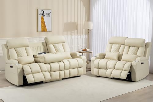 Image of Zero Wall Hugger Power Reclining Sofa Set with Adjustable Headrest, Electric Reclining Couch with Drop-Down Table,Outlets, Power Loveseat Recliner Sofa for Living Room
