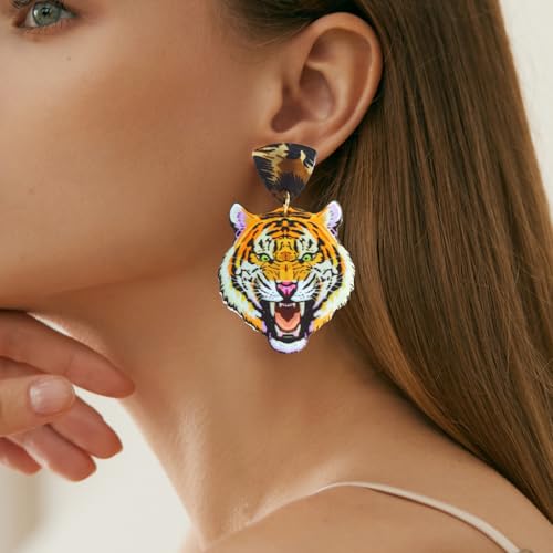 2 Pairs of Acrylic Tiger Leopard Head Earrings Set for Women, Exaggerated Bold Animal Print Dangle Earrings, Lightweight Statement Jewelry for Casual Party Wear3