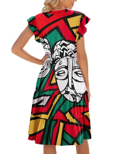 Image of Womens Summer Dress Ruffle Sleeve V Neck Midi Dresses Casual Fit Flowy Tiered Boho Beach Vacation Sundress