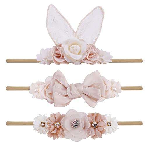cherrboll 3pcs Baby Girl Flower Headbands, Super Soft & Stretchy Nylon Floral Bunny Ear Hairbands Easter Gift for Newborn Toddler