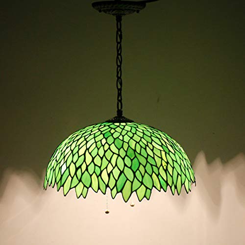 Werfactory Tiffany Pendant Light Fixture Green Wisteria Stained Glass Hanging Lamp Wide 16 Inch, Height 40 Inch S523 Series #TOP7
