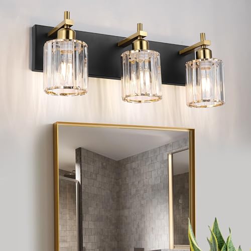 Image of Black and Gold Crystal Bathroom Vanity Lights, 3-Lights Bathroom Light Fixture Over Mirror, 20 Inch Modern Farmhouse Vanity Light, Brass Gold Bath Wall Sconce for Bath Mirror Kitchen Hallway Cabinet