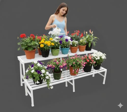 Image of IRON LANDS OAK 2 Step 37 Spectacular 3 Feet Heavy Duty Metal Perfect Plant Stands Display Rack Indoor Outdoor for Home Balcony and Garden Decor (White)