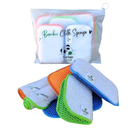 Certain Leaf Bamboo Dish Sponge & Kitchen Cloth Set - 6 Pack | Eco-Friendly, Reusable, Extra Absorbent, Non-Scratch, Durable Sponges & Cloths for Kitchen and Household Cleaning (Assorted)