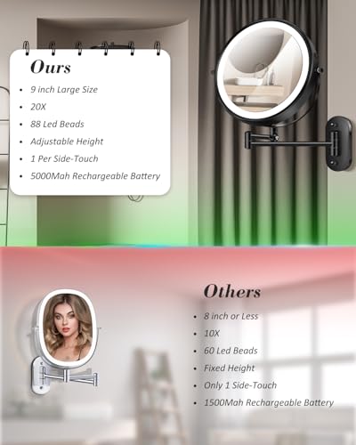 Image of 20X 9 inch Wall Mounted Magnifying Makeup Mirror with Light Height Adjustable