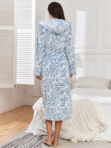 Image of RONGTAI Womens Robes Plush Fleece Hooded Bathrobe Thick Nightgown with Pockets Fluffy Sleepwear (US, Alpha, XX-Large, Plus, Long, Blue Leopard)