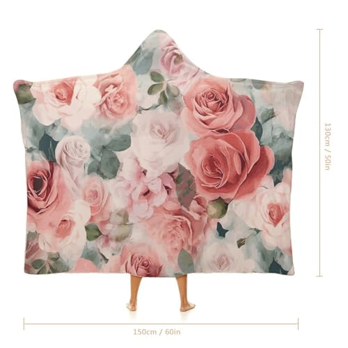 Couverture à capuche portable douce imprimé roses pour voyage et maison