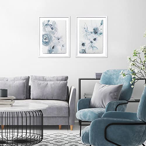 Artbyhannah 2 Pack 12X16 Inch Framed Botanical Blue Floral Wall Art Decor, Watercolor Flowers Bouquet With Decorative White Frame Deckled Edge, Wall Art Print For Home Decoration, Gift #TOP1