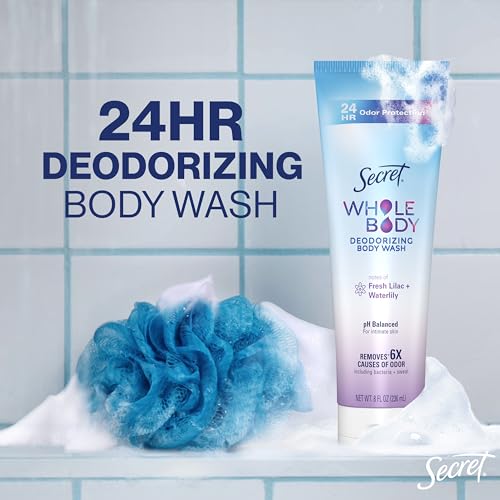 Image of Secret Feminine Wash, 24 HR Deodorizing Feminine Body Wash for Women, Removes 6x Causes of Odor, PH Balanced, Safe to Use Everywhere, Lilac & Waterlily Scent, 8 Fl Oz (Pack of 12)