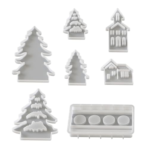 WUSJCOF 7 Piezas Moldes de Silicona para Velas Conjunto de Casas y Árboles Portavelas para Yeso para Verter Árbol de Navidad Casa Decoración Navidad