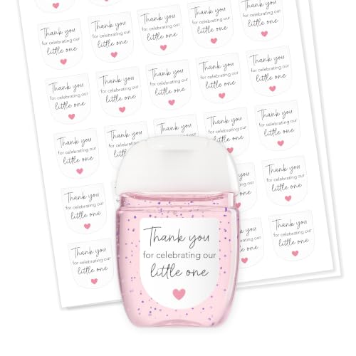 60 Pack 1 oz Mini Hand Sanitizer Labels Pink Girl Baby Shower – Thank You for Celebrating Our Little One Favor Stickers, High Gloss Waterproof Minimalist Little Heart Birthday Party Favors S202-61