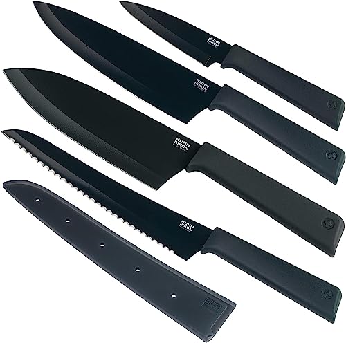 Kuhn Rikon Colori+ Mixed Kitchen Knife Set with Blade Covers. Includes Chefs Knife, Bread Knife, Santoku Knife and Paring Knife. Ultra-Sharp Japanese Stainless Steel Blade. Dishwasher Safe. Black