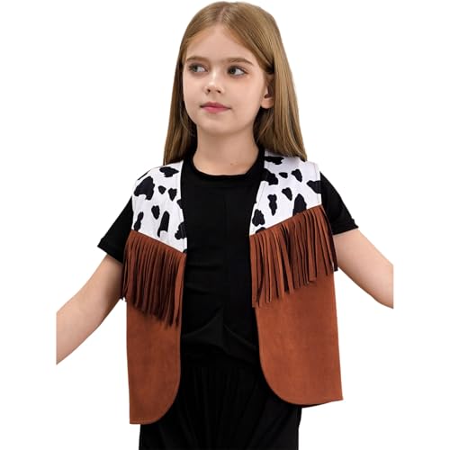 Kids Cowboy Cowgirl Fringe Vest Shiny Gold Star Open Front Waistcoat for Western Party3