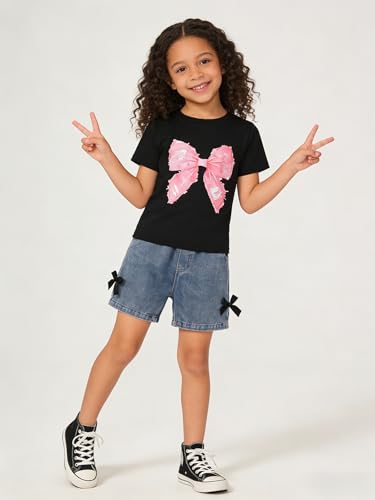 Image of Kids Toddler Girls Summer Clothes Leopard Butterfly Print T-Shirt + Belted Denim Jeans Shorts 3PCS Outfits
