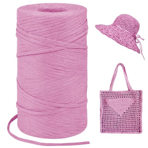 Image of Pink Raffia Yarn for Crochet Bags, 3mm x 328 Yards Flat String Raffia Ribbon for Gift Wrapping, Raffia Paper Ribbon Yarn for Crocheting Sun Hat, Bag, DIY Crafts, Holiday Decoration