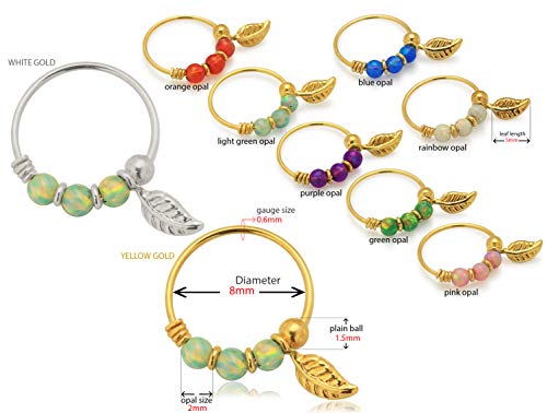 Opal with Leaf Charm 9K Solid Gold Nose Hoop Ring - Nose Beaded Nose Ring Hoop - Tiny Nose Hoop-22 Gauge3