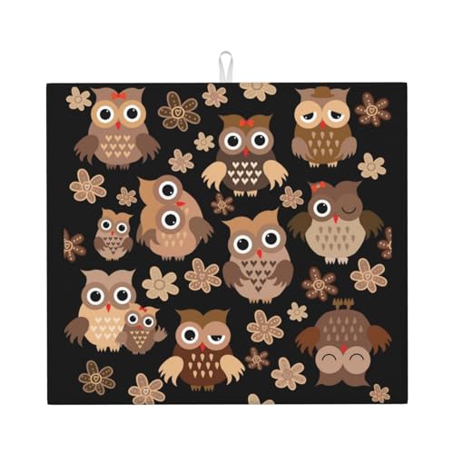 台所水切りマットかわいいフクロウ 速乾吸水マット 食器乾燥マット 丸めて収納 皿置き 速乾性 耐油性 抗菌 消臭 お手入れ簡単 大判 衛生 防カビ 丸めて収納 滑り止め 棚シート46*41cm