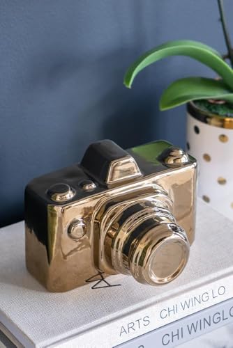ORYNTIDE Gold Ceramic Vintage Camera Sculpture - Modern Home Decor for Living Room, Office, or Shelf Display, Elegant Gift for Photography Lovers - 6" x 5" x 4"