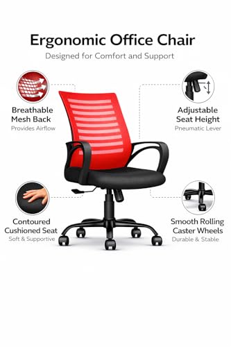 Image of Ergonomic 360 Swivel Office Chair for Home & Office Work with Back Support |Tilting & Height Adjustable Mechanism | Revolving Computer Chair for Home Study Use (Red)