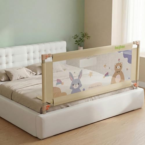 Image of BAYBEE Stainless Steel Baby Bed Rail Guard (150x80cm), Bedrail for Baby Safety with 28 Height Adjustable, Portable Bed Side Protector for Babies Falling | Foldable Single Bed Railing, 1 Side, (Beige)