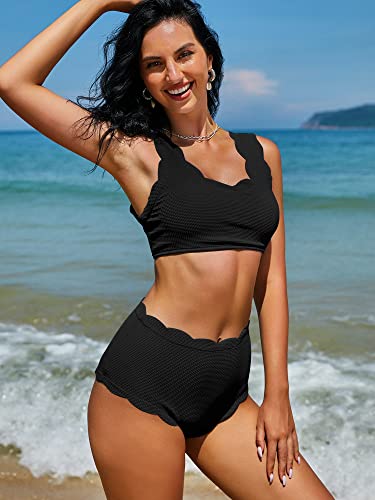 Zaful Women's Scalloped Textured Swimwear High Waisted Wide Strap Adjustable Back Lace-Up Bikini Set Swimsuit Black M #TOP3