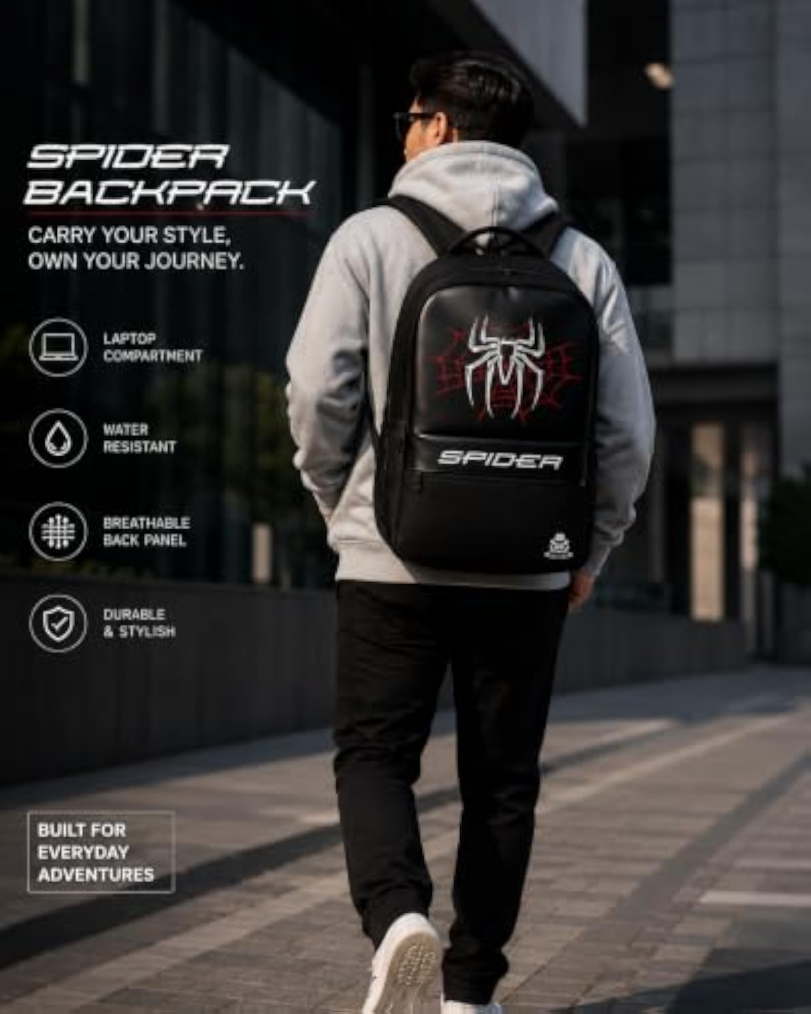 Stylish Spider Design Backpack, 25L Laptop Bag for School