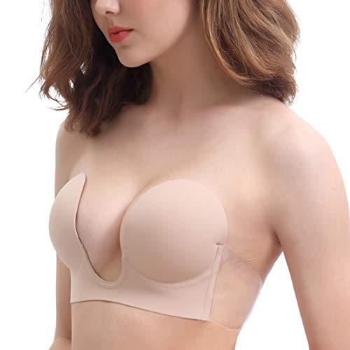 HUBORLOVES Self Adhesive Deep U Plunge Bra Push Up Backless Sticky Adhesive Invisible Bras, B, Beige