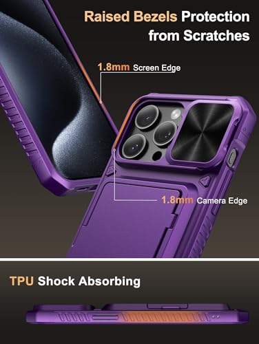 Image of Vihibii for iPhone 15 Pro Max Case with Card Holder (4 Cards) & Slide Camera Cover & Kickstand, Military Grade Drop Protection, Rugged Hard Back & Silicone Edge Wallet Back Cover, 6.7 inch, Dark Purple