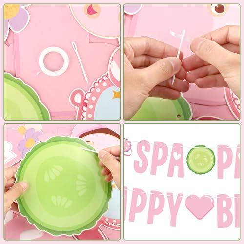 Image of Hooqict Happy Birthday Banner Spa Party Decorations Banner Sign for Girls Women Sleepover Slumber Makeup Pink Spa Themed Birthday Party Decorations Supplies