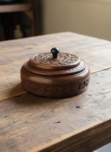 Image of Handcrafted Sheesham Wood Dry Fruit Box with Lid & 4 Compartments | Premium Carved Round Storage Container for Dry Fruits, Spices, Snacks & Gifting | Traditional Wooden Decorative Box (7 Inch)