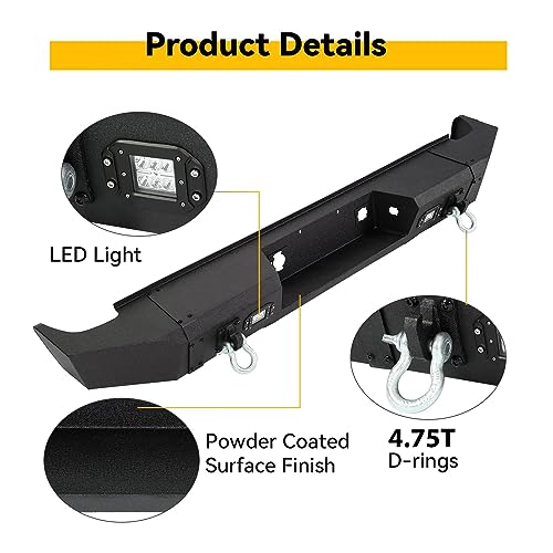 Kojem Rear Bumper Compatible with 2007-2013 Chevy Chevrolet Silverado GMC Sierra 1500 W/2 LED Lights D-rings Powder Coated Steel Black - Thumbnail 4