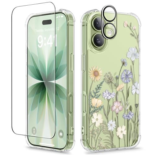 GVIEWIN for iPhone 17 Case, with Screen Protector+Camera Lens Protector, [NonYellowing] Clear Floral Slim Shockproof Protective Hard PC Back Women Phone Case for iPhone 17 6.3", Vibrant Spring