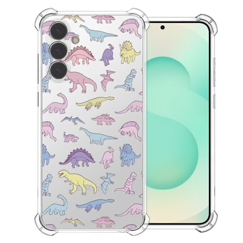 Image of CAROKI Clear Case for Samsung S26 Plus,Shockproof Transparent Bumper Cover Soft Silicone Rubber TPU Bumper Clear Cover Phone Case with Colored Dinosaur Pattern for Samsung S26 Plus-Colored Dinosaur