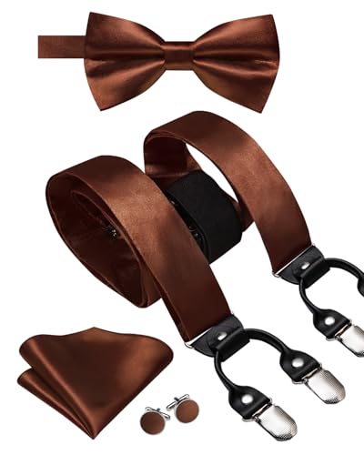 Image of Hi-Tie Men Suspender Bowtie Set Suspenders Pre-tied Bow Tie Pocket Square Cufflinks Adjustable Y Shape 6 Clips Braces Tuxedo