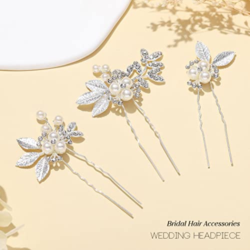 Heread Pearl Bride Wedding Hair Pins Silver Leaf Bridal Hair Pieces Rhinestones Hair Accessories For Women And Girls (Pack Of 3） #TOP1