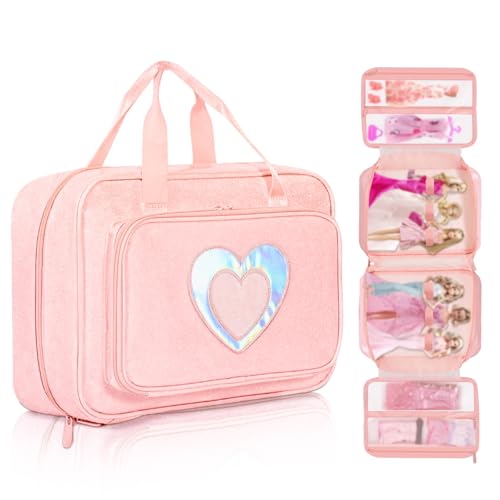 LININYHAO Carrying Case Compatible with Barbie Dolls 12-Inch, Storage Organizer with Handle Holds up to 6 Dolls,Multiple Pockets for Accessories,Toy Storage Box, Pink,Bag Only