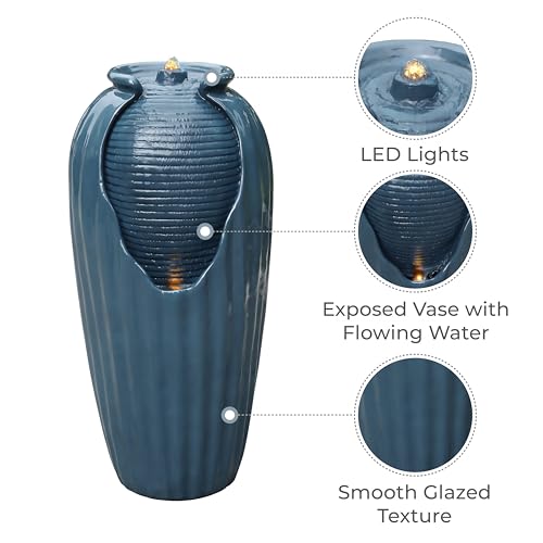 Teamson Home Wasserbrunnen für den Außenbereich, 81,3 cm, zeitgenössisch, glasiert, konturiert, mit LED-Lichtern, um eine beruhigende Oase in Gärten und Landschaftsgestaltung zu schaffen, auf