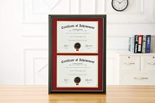 Image of ELSKER&HOME Double Diploma Frame for Two 8.5x11 with Red Mat,Wood Black | Made for Certificates&Document 13.5x20 Inch Without Mat for Documents Certificates (Double Mat, RED Mat with Golden Rim)