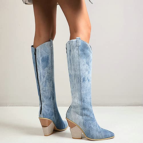 Trendenzy Women's Chunky Knee High Cowgirl Boots Pointed Toe High Heel Western Boots3