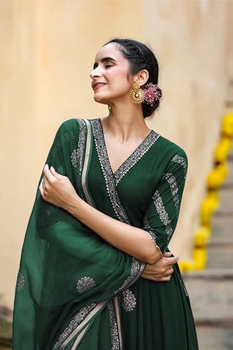 Image of GoSriKi Women's Cotton Blend Printed Anarkali Kurta with Pant & Dupatta | Ethnic Wear for Women | Indian Casual Office Daily Summer Outfit