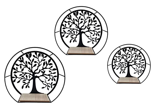 Spetebo Lot de 3 étagères murales design arbre de vie à suspendre - Noir - Étagère suspendue en métal avec étagère en bois - Étagère murale décorative ronde