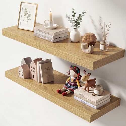 Image of Dreamland 30 Inches Floating Shelves for Wall, 9.3 inch Deep Long Floating Shelves Set of 2, Large Display & Storage Shelf, Wall Shelf for Bathroom Bedroom Living Room Kitchen Office, Oak