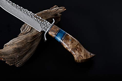 Foto von Perkin Damastmesser Rostfrei Jagdmesser Damast Bowie Messer Festes Klingenjagdmesser mit Scheide Handgefertigte Damaststahl VG10 Klinge