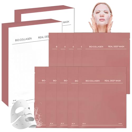 10 Pezzi Bio-Collagen Real Deep Mask, Maschera Bio Collagene Viso Notte, MAschera Bio Collagene Coreana, Maschera Idratante Real Deep Mask, Idratante e Nutriente