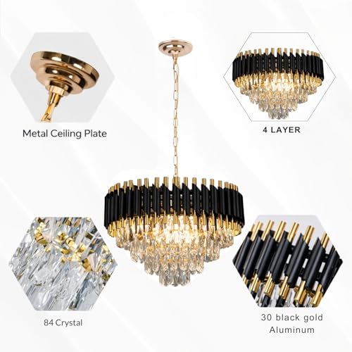 Image of One94Store Modern Crystal Chandelier Ceiling Light 500mm, Tricolour LED (Warm, Cool & Natural White), Luxury Black & Gold Decorative Jhumar for Living Room, Dining Hall & Bedroom
