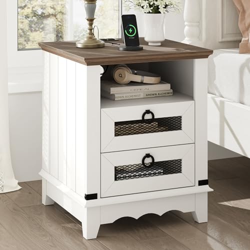 GAOMON Farmhouse Nightstand 18" inch Side Table with Charging Station Bedside Table with 2 Drawers Night Stand with 2 USB Ports End Table with Open Cu