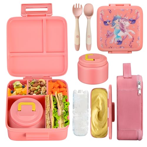 Image of JXXM Bento Lunch Box for Kids With 8oz Soup Thermo,Leak-proof Lunch Containers with 5 Compartment,Thermo Food Jar and Lunch Bag, Food Containers for School (A-Pink(Unicorn - Mermaid))