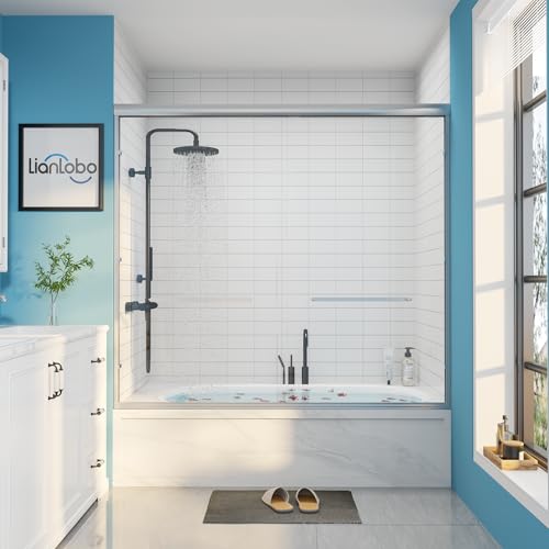 Tub Glass Shower Door, 56-60' W x 57' H Sliding Shower Door, Aluminum Semi-Frameless & 1/4'(6mm) Clear Tempered with Explosion-Proof Film Nano Coating Shower Door Fit for Bathtub, Chrome Silver